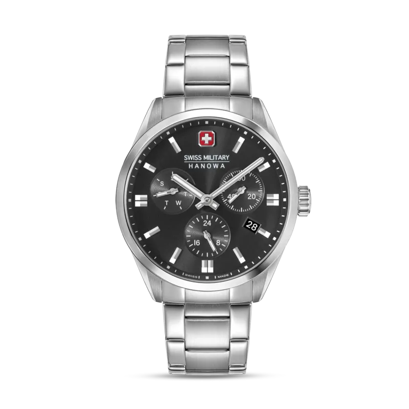 Herrenarmbanduhr Swiss Military Hanowa mit schwarzem Zifferblatt und silbernem Metallarmband