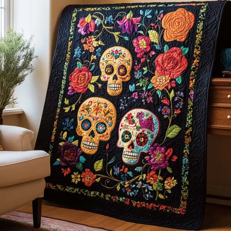 Skull Flower Bloom Bamboo Quilt Blanket