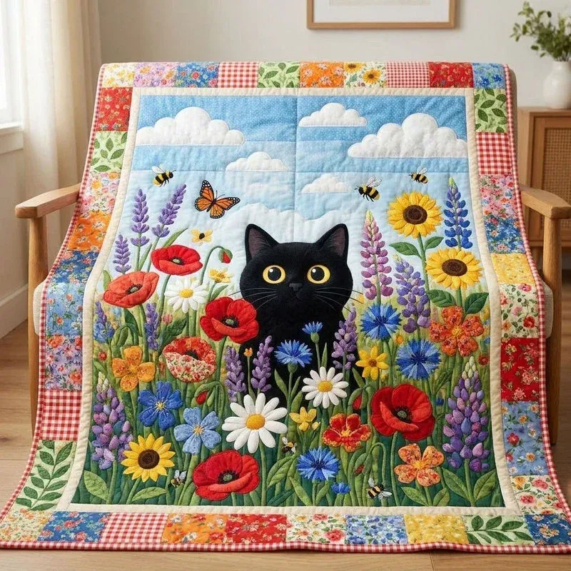 Sunny Daisy Black Cat Bamboo Quilt Blanket