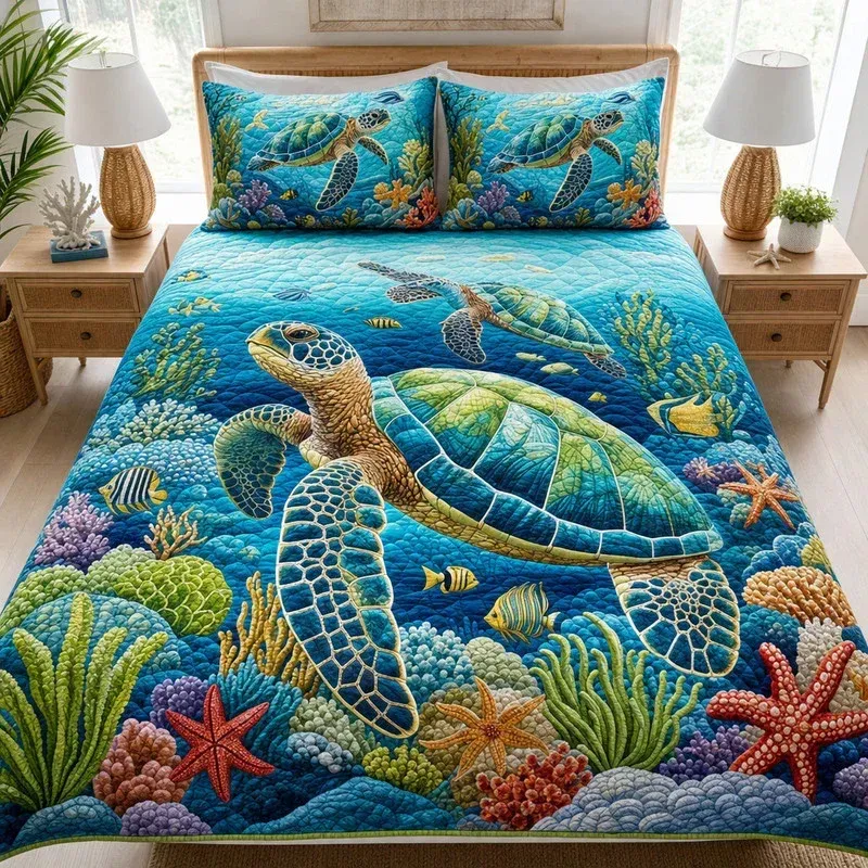 Tropical Marine Turtle Bamboo Quilt Bedding Set