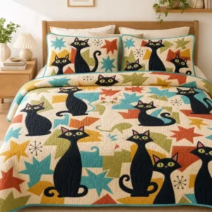 Whimsical Black Cat Bamboo Quilt Bedding Set
