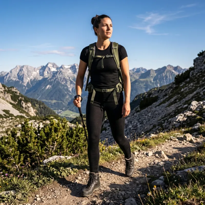 A woman hiking towards the camera on a rocky mountain path. She is wearing a black short-sleeved t-shirt, black leggings, and dark hiking boots, with an olive-green backpack securely strapped to her chest and waist. She is holding a trekking pole in her right hand and looking off to the side. Behind her is a scenic view of rugged mountain peaks under a clear blue sky.
