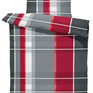 One Home Bettwäsche 135x200 cm kariert gestreift rot grau Biber Winter Flanell Baumwolle