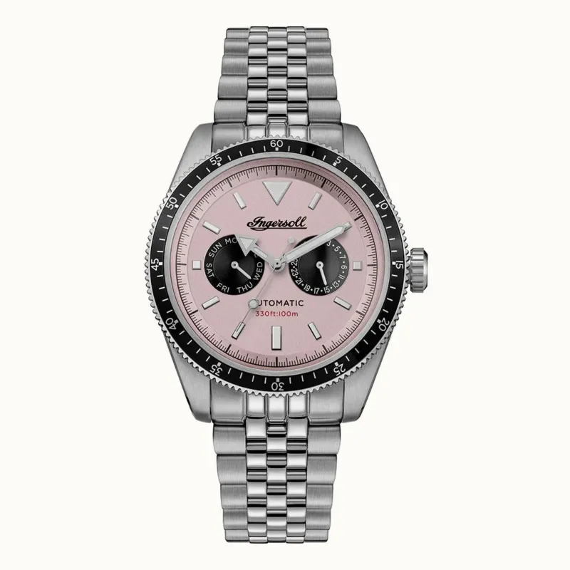 Herrenarmbanduhr Ingersoll The Outlaw mit rosafarbenem Zifferblatt und Edelstahlband