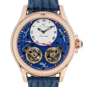 Roségoldene Herrenuhr mit blauem Skelett-Zifferblatt und Lederband