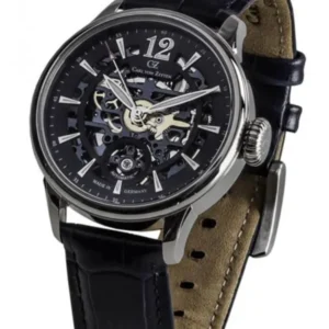 Herrenuhr mit Skelett-Automatikwerk, schwarzem Lederband und blauem Zifferblatt