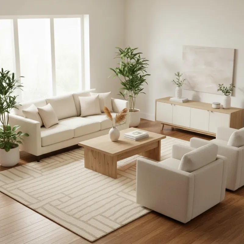 Minimalist basket weave textured area rug in ivory and warm cream tones with raised geometric stripe pattern styled in a family room under a coffee table and sofa — contemporary minimalist design