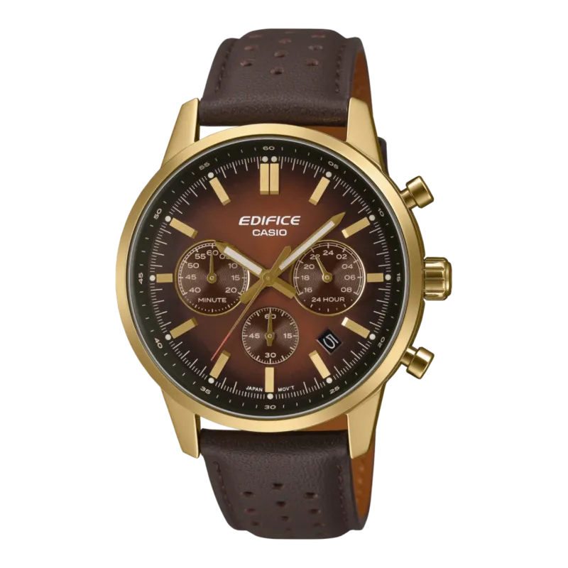 Casio Edifice Herren-Armbanduhr mit braunem Lederband, Goldgehäuse und Chronograph-Zifferblatt