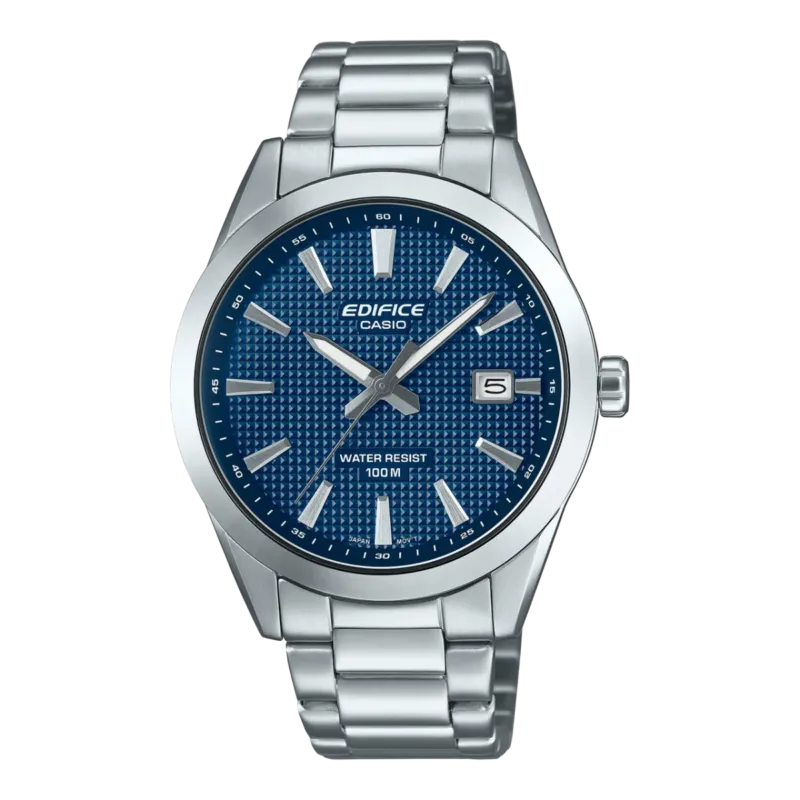 Herrenarmbanduhr Casio Edifice mit silbernem Edelstahlband und blauem Zifferblatt