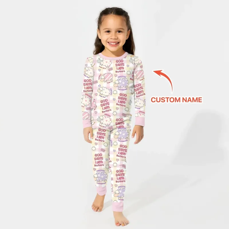 Little Lamb God Says I Am Custom Name Long Sleeve Pajama Set , Little Lamb God Says I Am Custom Name Long Sleeve Pajama Set - 12-18M