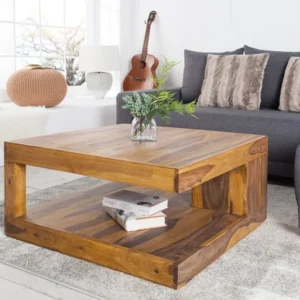 Design Couchtisch GIANT 80cm natur Sheesham Massivholz stone finish mit Ablage