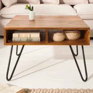 SCORPION Handgearbeiteter Couchtisch 60cm Sheesham Massivholz mit Stauraum Hairpin Legs