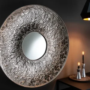 Handgearbeiteter Wandspiegel MANDALA XL 80cm silber rund im Blütenmuster aus Metall