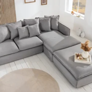 HEAVEN Großes Ecksofa 255cm grau Leinenstoff inkl. Kissen Landhausstil