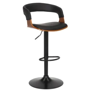 MANHATTAN Retro Barhocker schwarz Kunstleder Walnussholz mit Lehne drehbar höhenverstellbar
