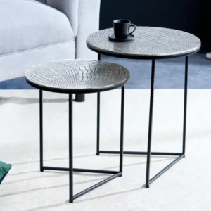 Rundes 2er Set Beistelltisch ELEMENTS silber antik Krokodil-Design handmade
