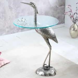 Runder Beistelltisch WILDLIFE HERON 90cm silber Metall Glas Fischreiher Skulptur handmade