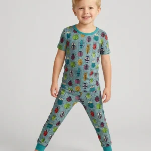 Colorful Beetle Bugs Vintage Blue Bamboo Two Piece Short Sleeve Pajama Set