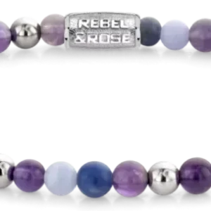 Armband mit violetten und blauen Edelsteinperlen, silbernen Kugeln und Edelstahlverschluss