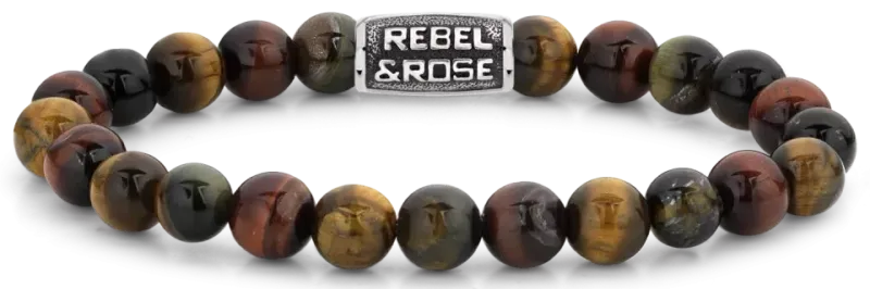 Armband mit Tigerauge-Perlen, silberner Metallverschluss und Rebel&Rose-Plakette