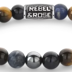 Armband mit runden Edelsteinperlen, grauem Edelstahlverschluss und Rebel&Rose-Logoplatte