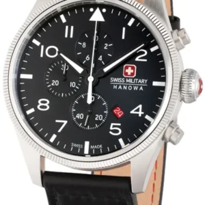 Herren-Chronographenarmbanduhr mit schwarzem Zifferblatt und schwarzem Lederband