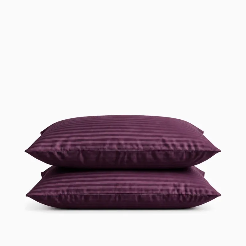 Taies d’oreiller satin de coton rayures Mauve Bordeaux – Maison Textile