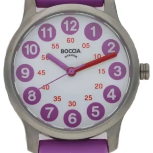 Runde Uhr mit lila Zifferblatt und Zahlen, silbernem Gehäuse sowie lila Silikonarmband.
