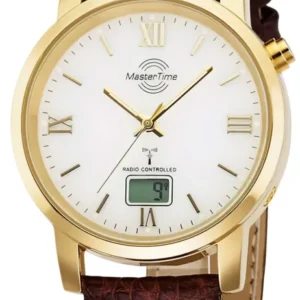 Herrenarmbanduhr mit braunem Lederarmband, goldfarbenem Gehäuse und weißem Zifferblatt